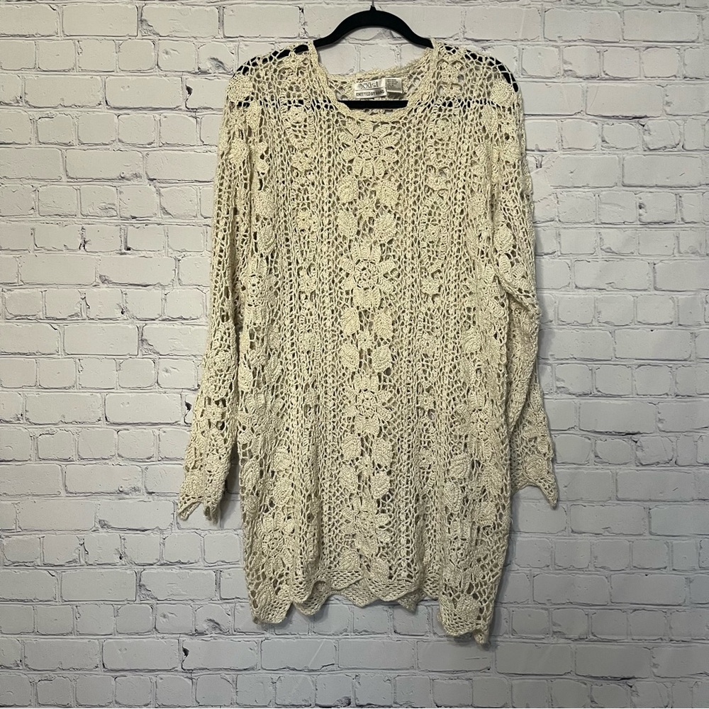 XXist Hand Knitted Crochet Floral Long Sleeve Dress Size Medium Beach Cover Up